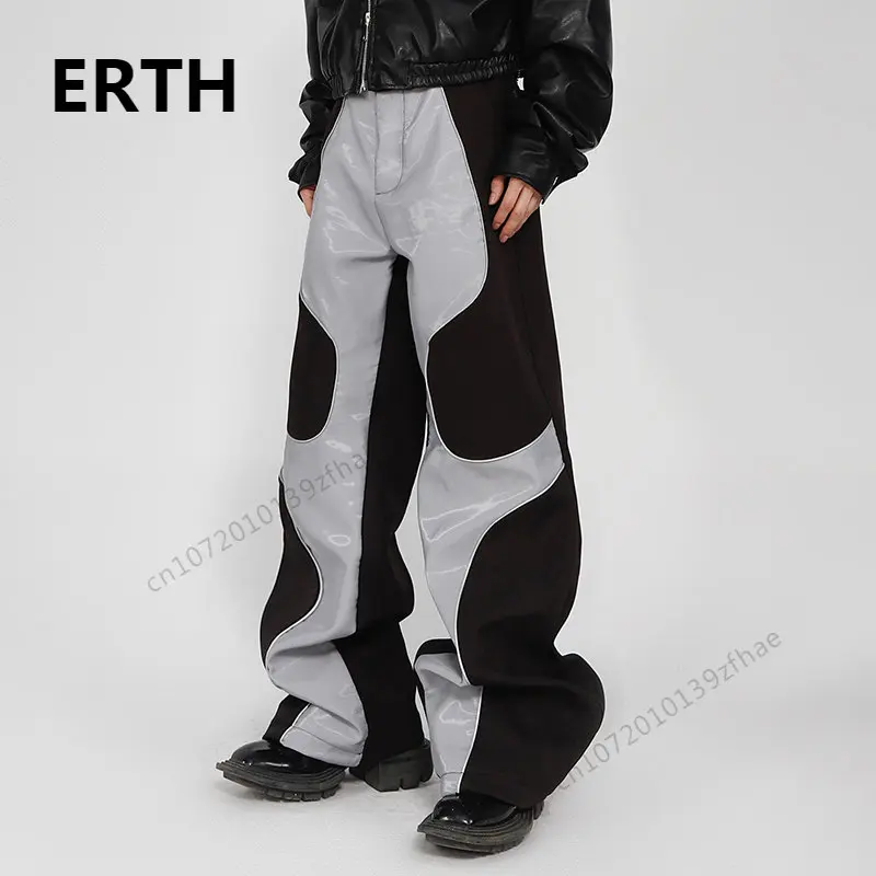 

ERTH Niche Design PU Leather Patchwork Men Trousers High Street Straight Pants 2023 Contrast Color Autumn Winter Fashion