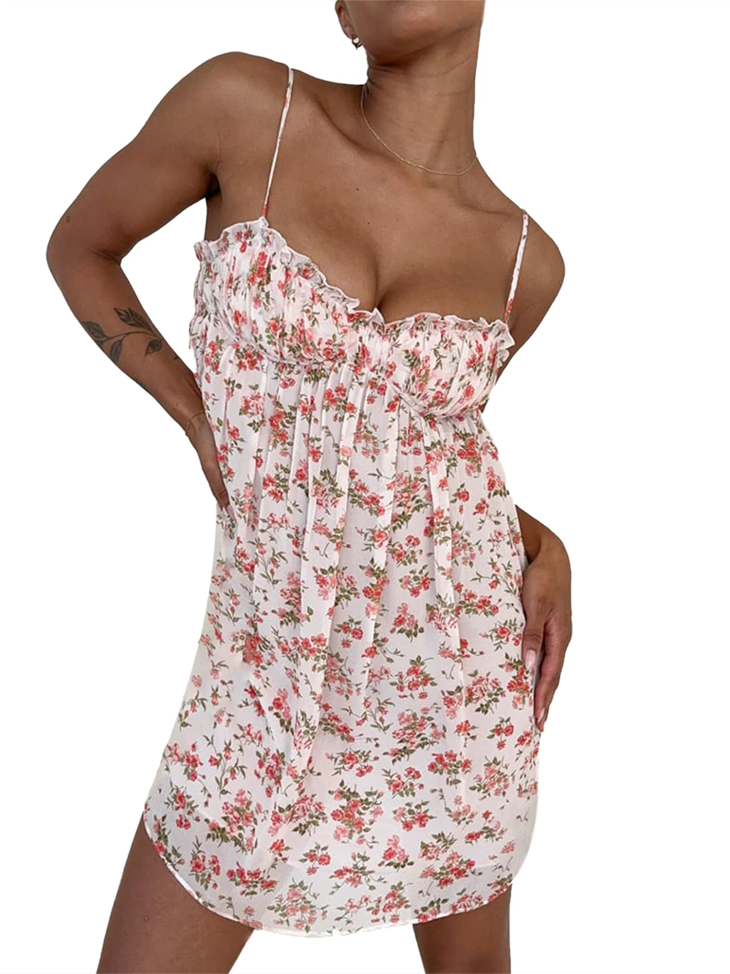 

Элегантное платье миди с цветочным принтом и V-образным вырезом, с оборками на Подоле и регулируемыми бретельками-спагетти