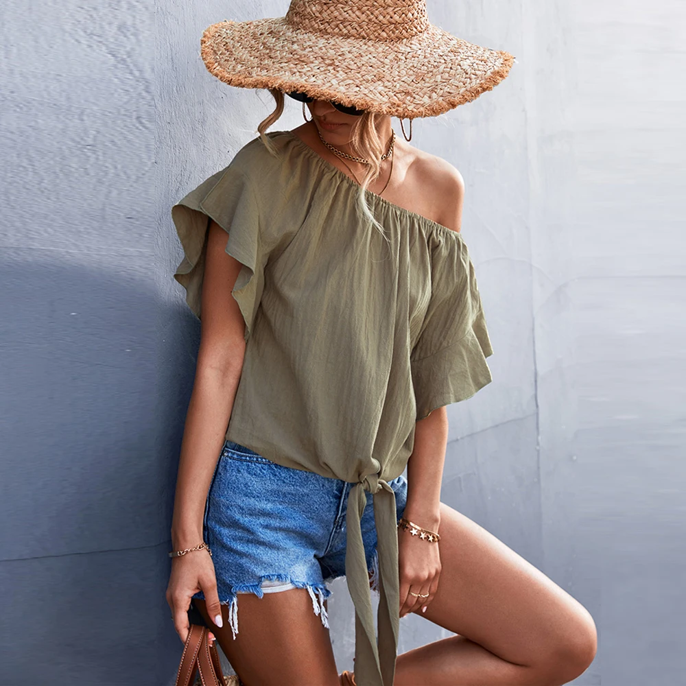 

Summer Sexy Off Shoulder Ruffle Short Sleeve T-Shirt Women 2022 New Fashion Solid Slash Neck Lace Up Streetwear Tee Shirt Female