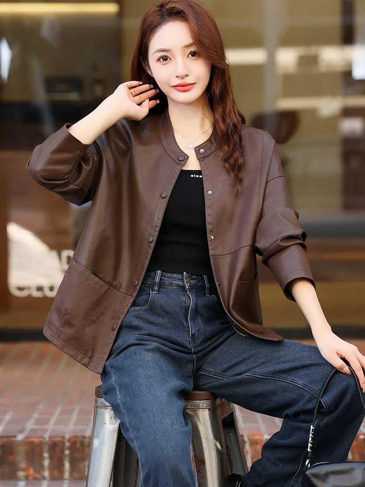 Кожаное пальто верхняя одежда женская осень и зима 2023 новинка китайского цвета