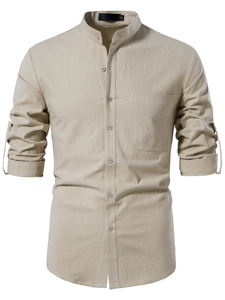 

Men's Spring and Summer New Casual Slim Stand Collar Long Sleeve Solid Color Linen Shirts 4 Colors Optional Cool Everyday Shirts