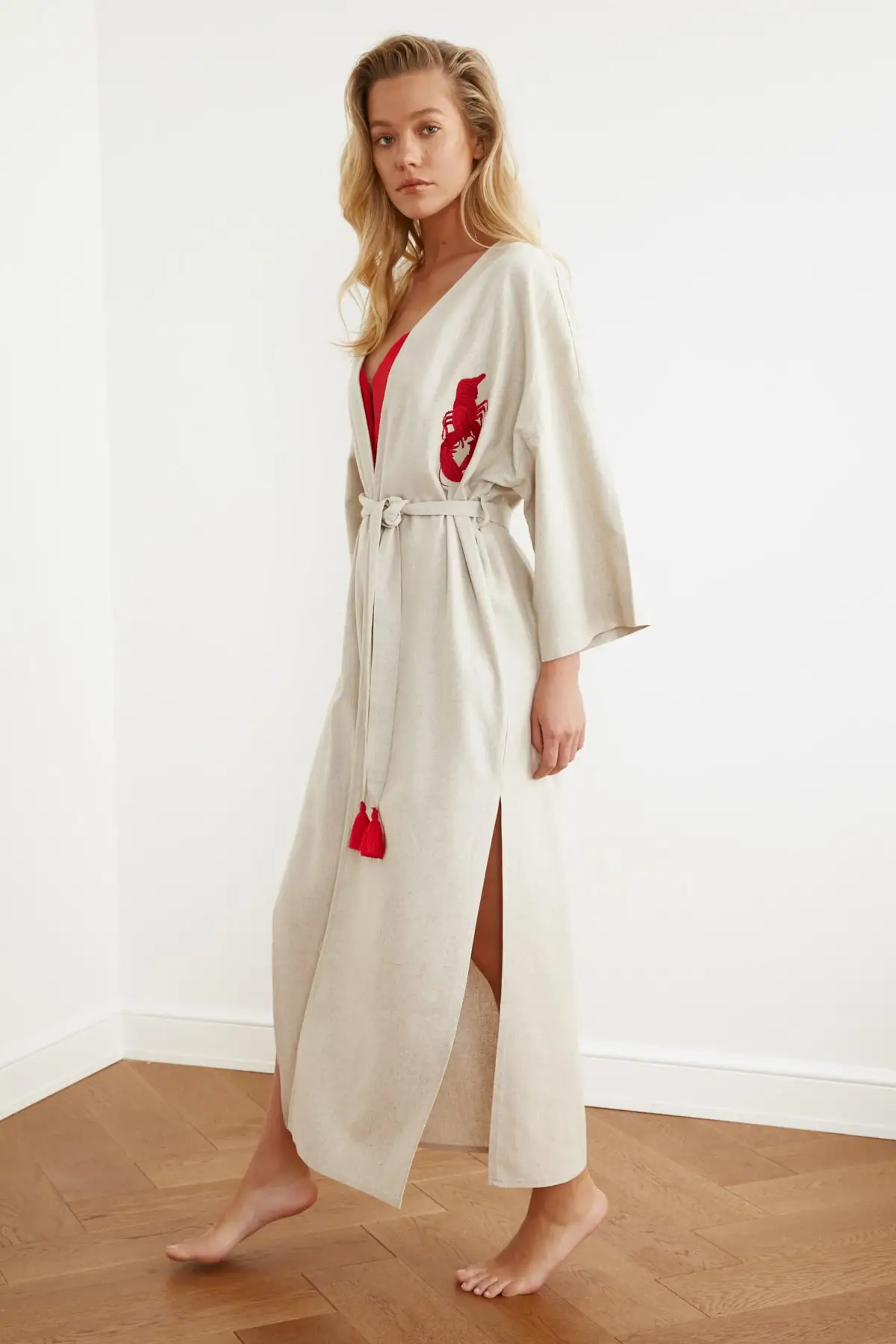 Red Lobster Embroidery Linen 100% Cotton Long Sleeve Slash Tassel Detail Kimono Kaftan Beach Dress Free Shipping |