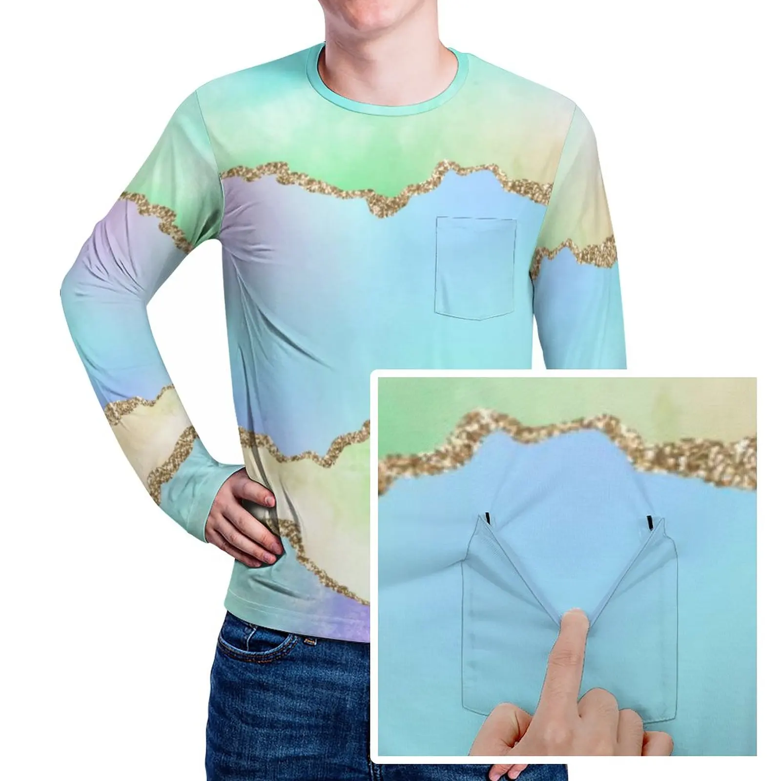 

Мужские трендовые футболки с принтом "металлик", "флуоресцентный" Мраморный принт с карманами, весенние Графические футболки, большой разме...