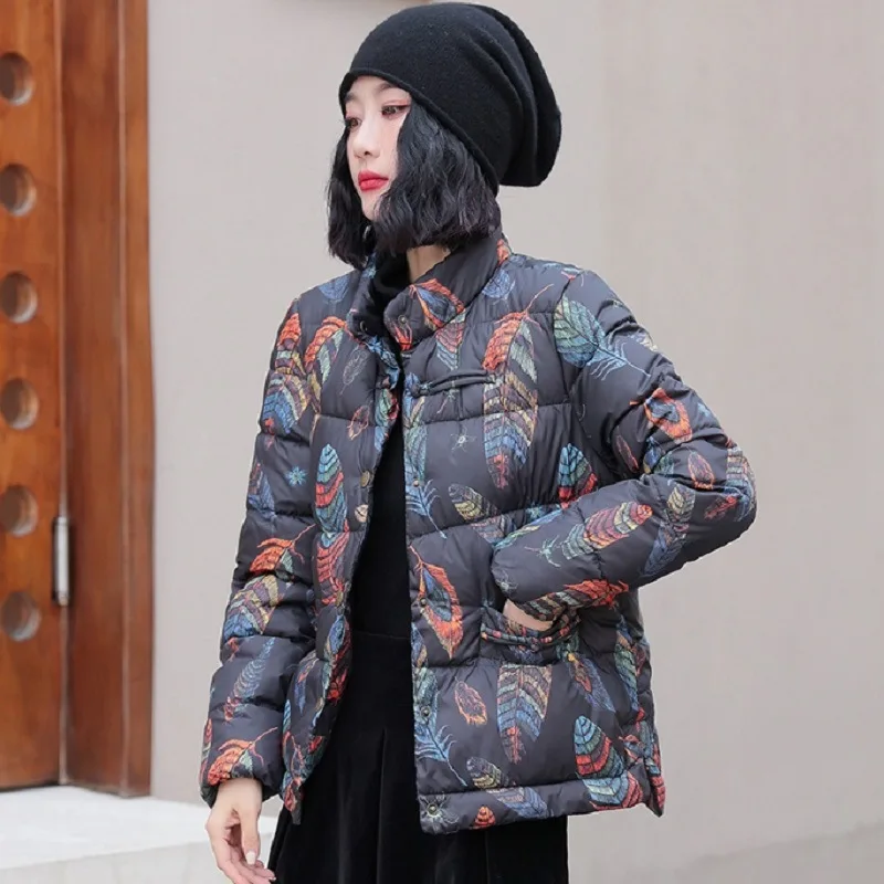 Female Ethnic Style Fashion Printing Cotton-padded Jacket Women Winter Thicker Loose Casual Stand-up Collar Retro Cotton Coat