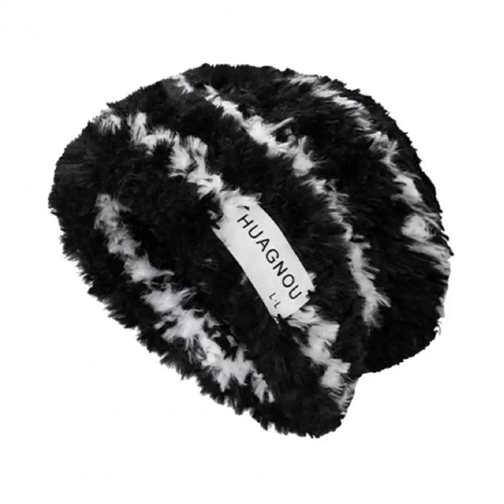 

Плотная женская шапка с нажимом, Зимняя Шапка-бини, мягкая плюшевая вязаная Пушистая Шапка в полоску для женщин, сохраняет тепло, противоскользящая, ветрозащитная, для улицы
