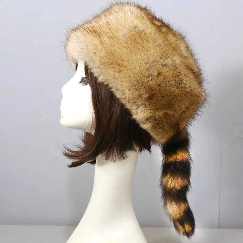 

Winter Russian Faux Fur Hat Round Plush Caps Warm Headgear Flat Top Raccoon Tail Thickened Windproof Thermal Ear Skiing Protect