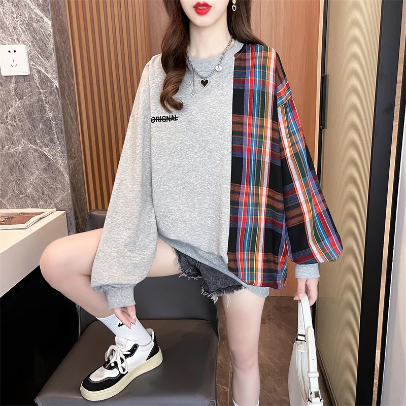 

Mid Length Sweater Women Spring Autumn Thin Section Design Sense Small Contrast Color Fashion Western Style Stitching Plaid Tops