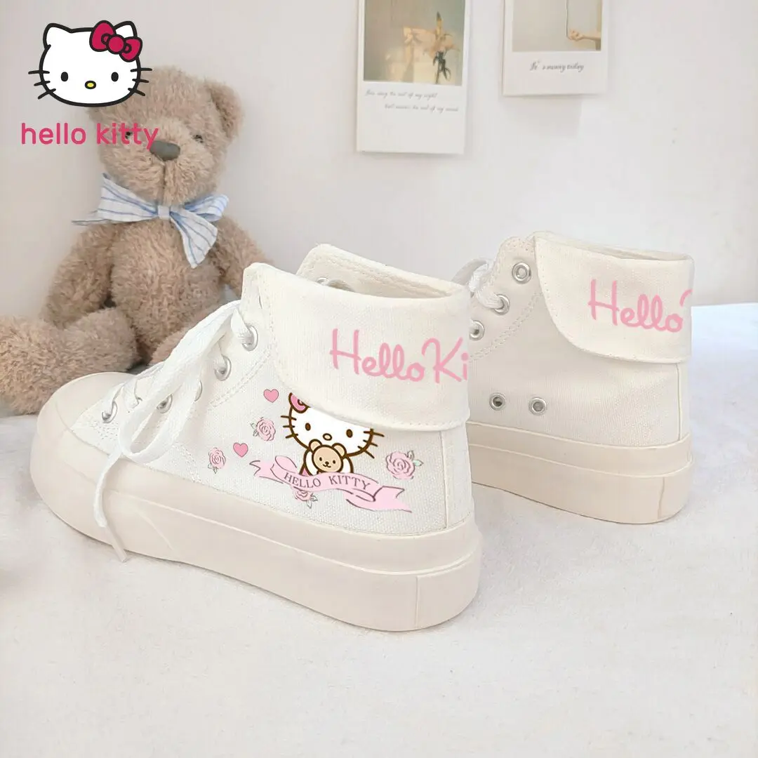 

Холщовые туфли Hello Kitty, модная Милая ветрозащитная женская обувь с высоким верхом и принтом, повседневные туфли с большим носком, туфли на пл...