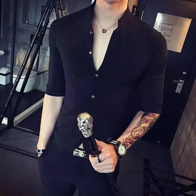 

NEW IN Quality Men Stand Collar Chinese Style Shirt Black White Dress Shirts Half Sleeve Clothes 2023 Summer Designer Club Shirt