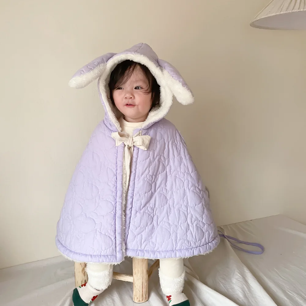 Baby Cloak Wearing Children's Cloak Baby Purple Rabbit Quilted Line Plus Velvet Shawl Winter Girls Children's Clothing