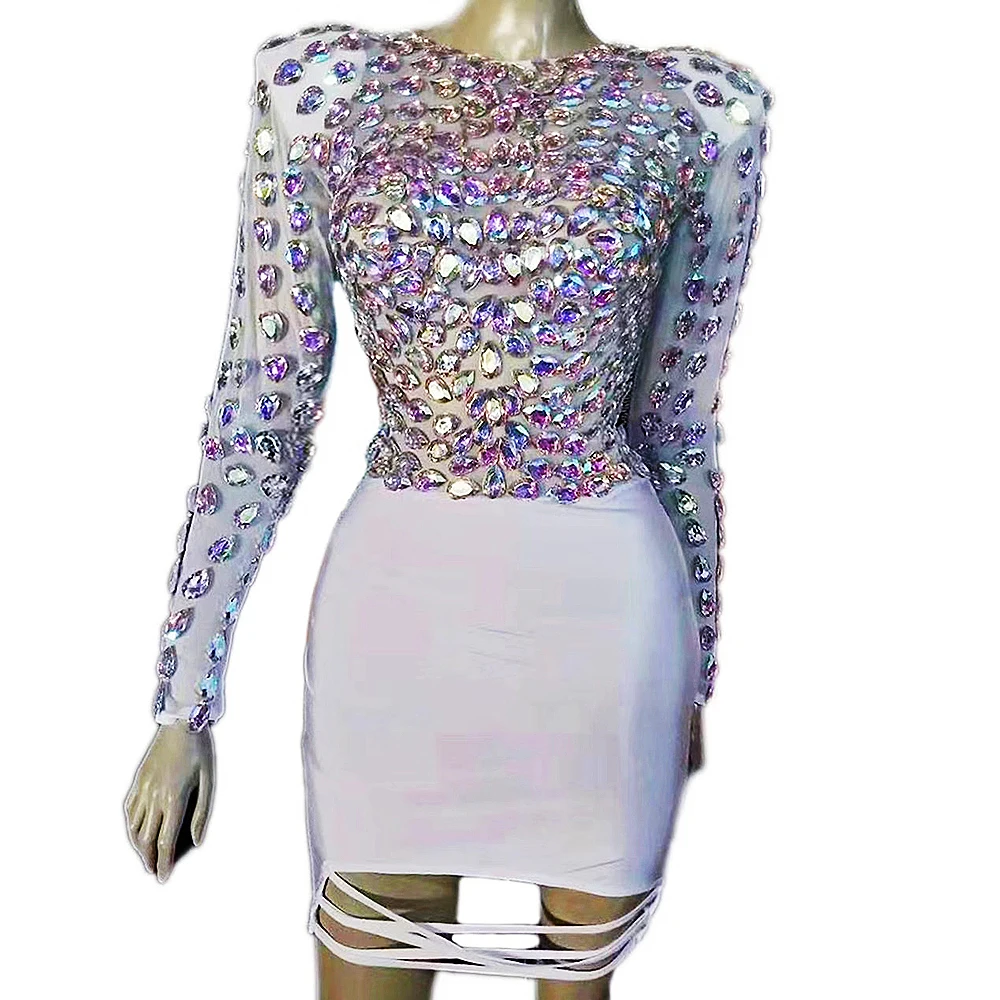 

Pink Long Sleeve Sparkle Crystal Rhinestones Zipper Dress Women Singer Birthday Celebrate Evening Nightclub Prom Bar Outfit