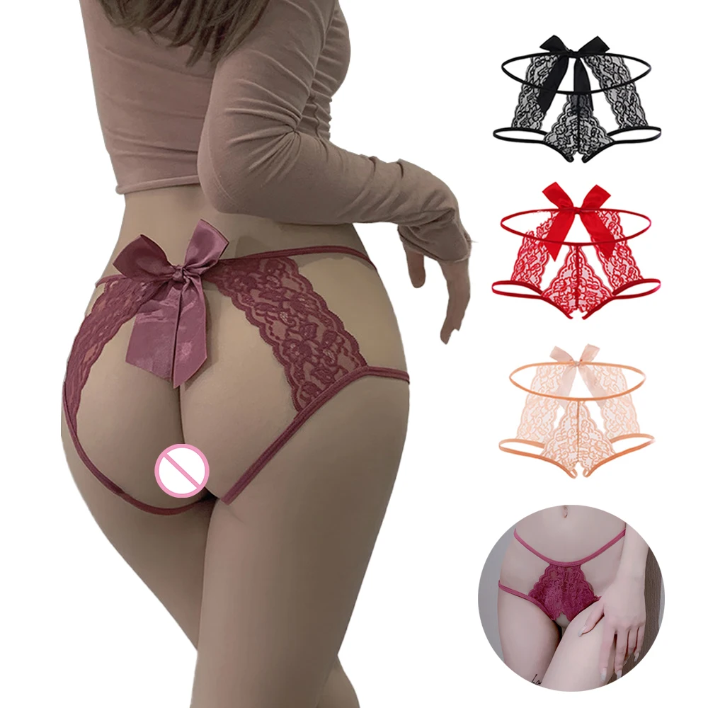 

Exotic Sexy Lace Crotchless Panties For Women Mesh Erotic Underwear Lady Bow Thong Briefs Erotic Lingerie With Open Crotch