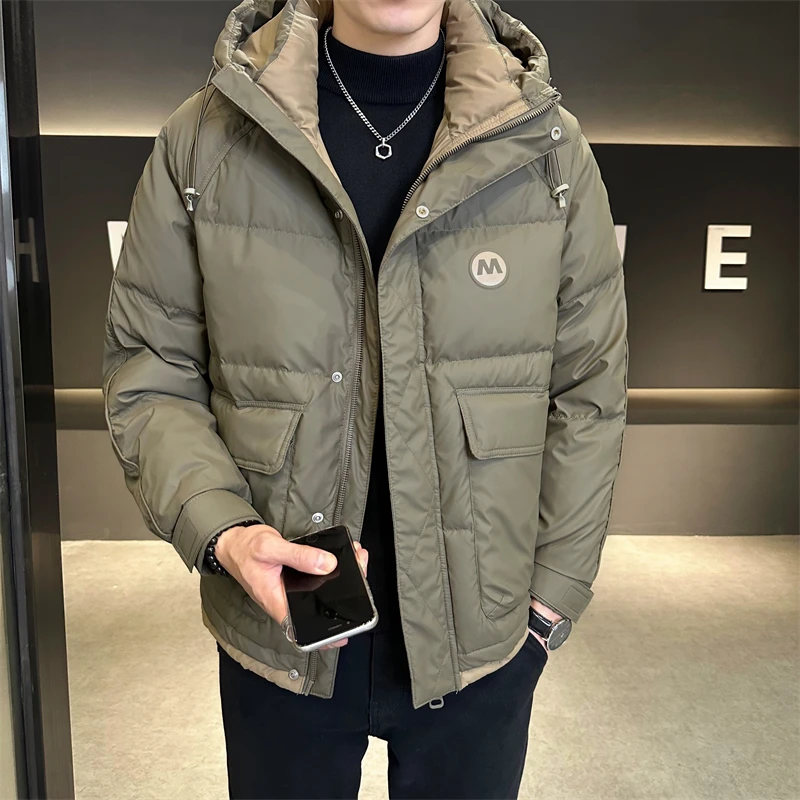 Зимняя мужская куртка с капюшоном брендовая модная кожаная большими карманами