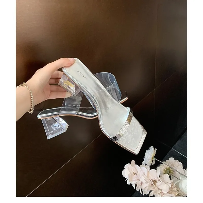 

Women Sexy Clear Crystal High Heels Shoes 2023 Summer New Simple Slip on Shallow Mules Slippers Pumps Zapatos De Mujer Sandals