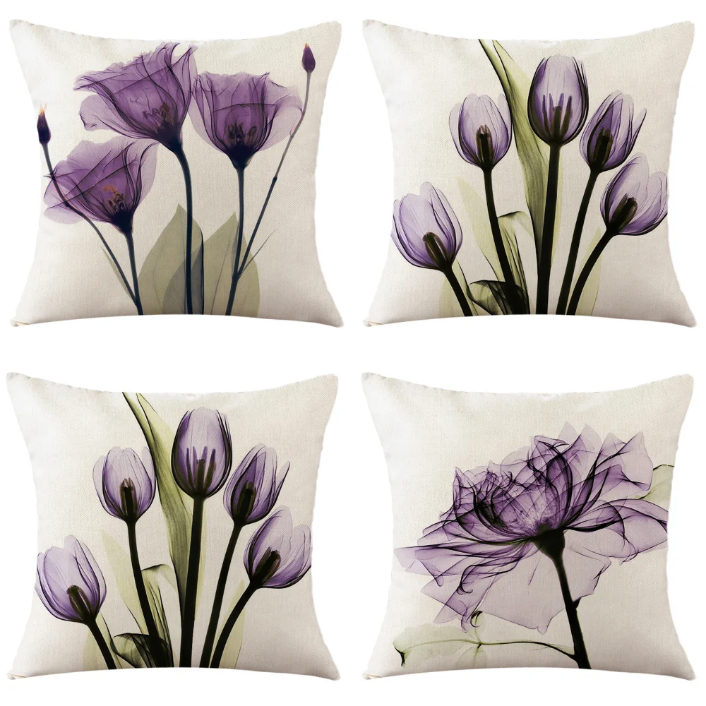 Home Decorative Throw Pillowcase Purple Flower Tulip Pillows Cover Holiday Decor Farmhouse Car Bedding Cushion Cover 18x18 Inch