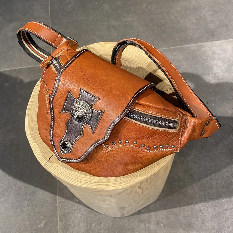 PNDME vintage designer organizer luxury genuine leather men's chest bag outdoor daily sports real cowhide teens crossbody bag