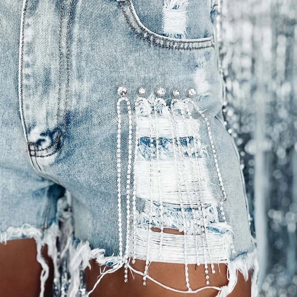 Women Summer Straight Denim Shorts with Diamond 2023 Beading Tassel Solid Fashion Streetwear Runway Short Jeans Female Blue