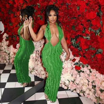 Perl Sexy Raggedy Hollowed-out Halter Wrap Hip Dress for Women Spice Slim-fit Backless Party Dress Night Club Wear 1