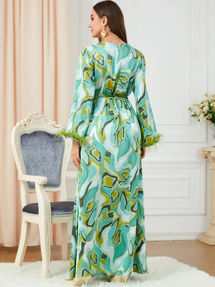 Women Spring and Summer Camouflage Green Feather Sleeve Long Skirt Turkish Indian Abaya Arab Islamic Women Moroccan Kraftan Gown