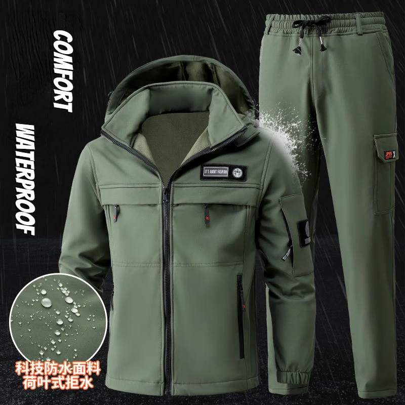 

Autumn and Winter Plush and Thick Warm Fishing Clothes Outdoor Mountaineering Assault Jacket Work Clothes Set
