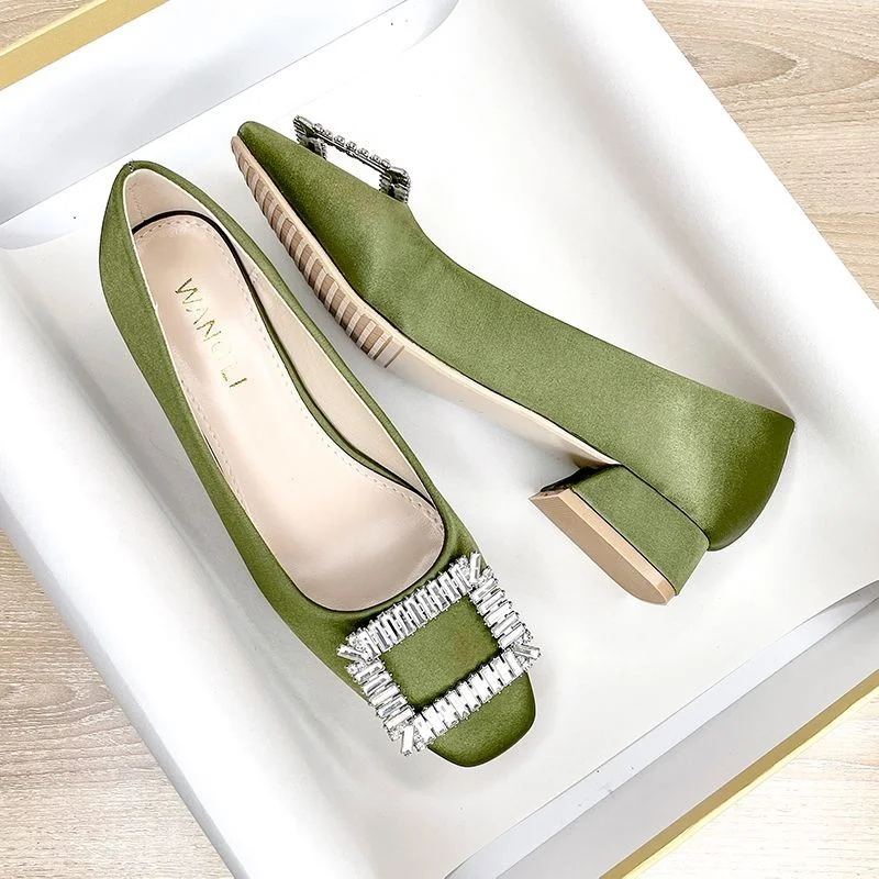 Black Rhinestone Flat Shoes Women Work Shoes Square Toe Square Buckle 3 Cm High Heels Women Designer Pumps Women Spring 2023 New