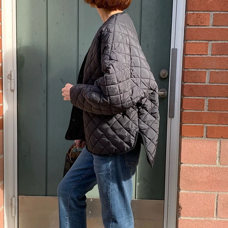 2022 Women Jacket  Fall/winter Rhombus Round Neck Single-breasted Loose Women Versatile Long-sleeved Cotton Jacket