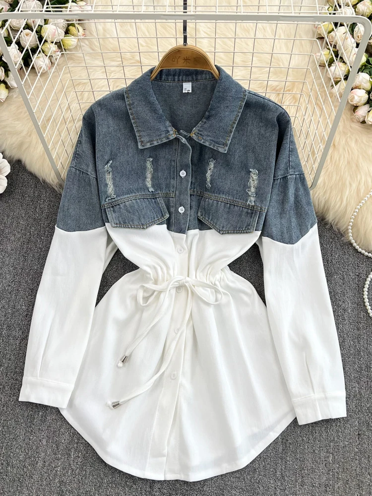 Купи Autumn Winter Fashion Women Long-sleeved Denim Shirt Casual Loose Chic Female Clothes Streetwear Color Contrast за 1,320 рублей в магазине AliExpress