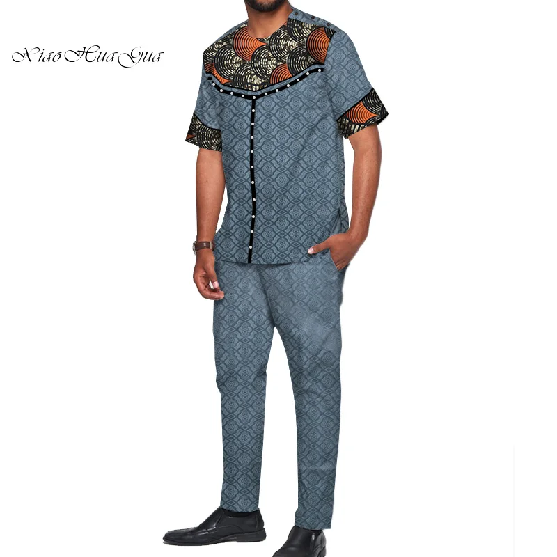 African Design Clothing Casual Men Jacquard Top Shirts and Pants Sets Bazin Riche Print Pearls 2 Pieces WYN722 | Тематическая