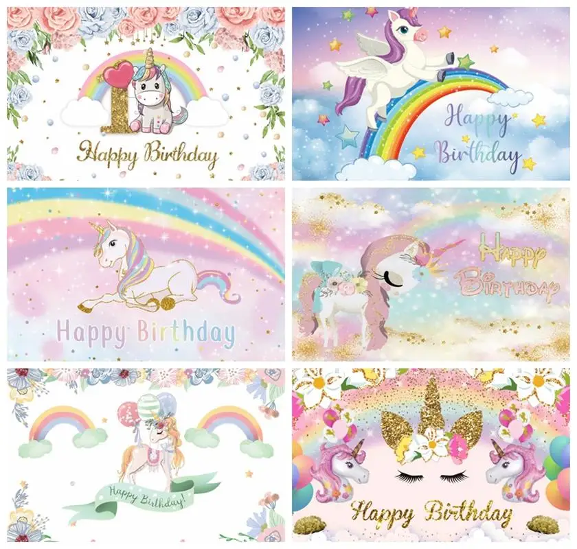 

Laeacco Unicorn Birthday Party Backdrops Rainbow Clouds Stars Flowers Light Bokeh Newborn Baby Shower Photography Backgrounds