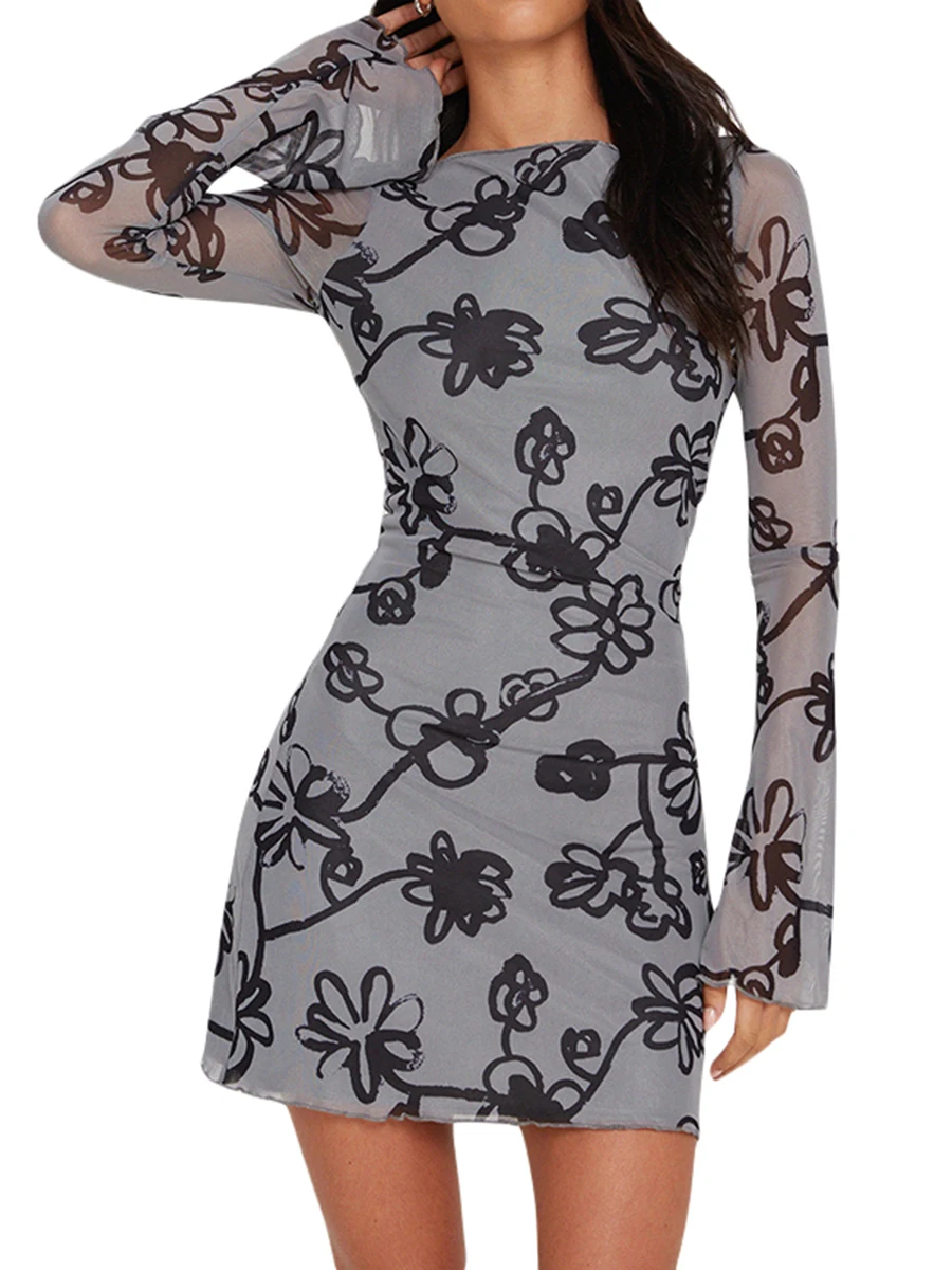 

Женское Короткое облегающее платье, повседневное Сетчатое платье с длинным рукавом, круглым вырезом и цветами, весна-лето