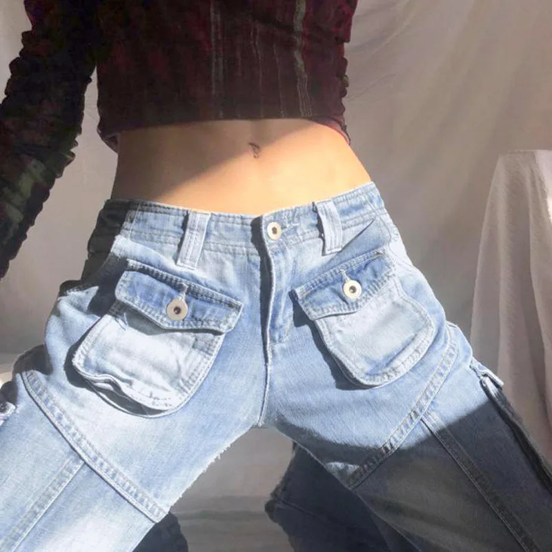 INS Street Washed Old Symmetrical Pocket Denim Trousers Fashion Straight High Waist Loose Workwear Wide Leg Pants Women's