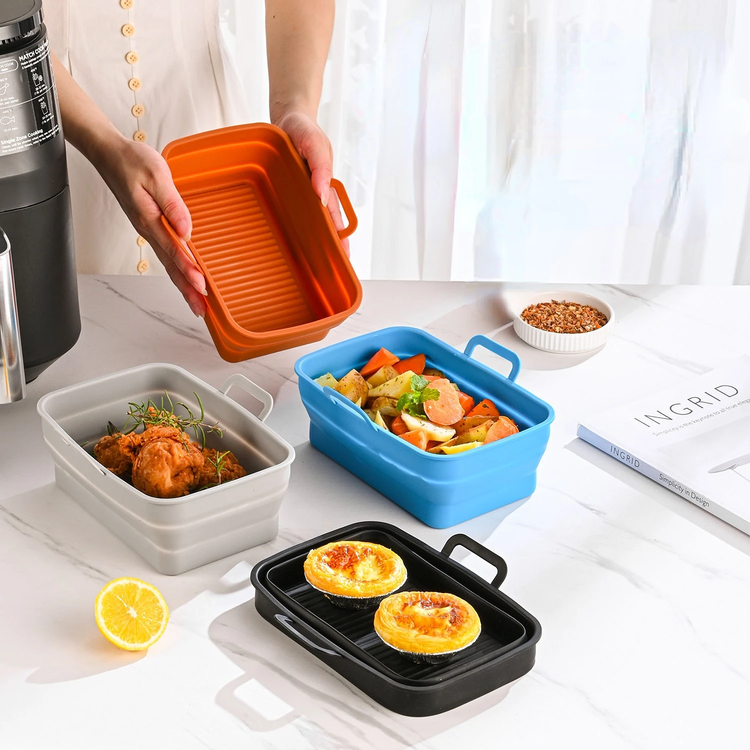 

Air Fryer Silicone Tray Rectangular Dual Handle Bakeware Pan Reusable Liner Oven Baking Mat Foldable Fryer Pan Freidoras De Aire
