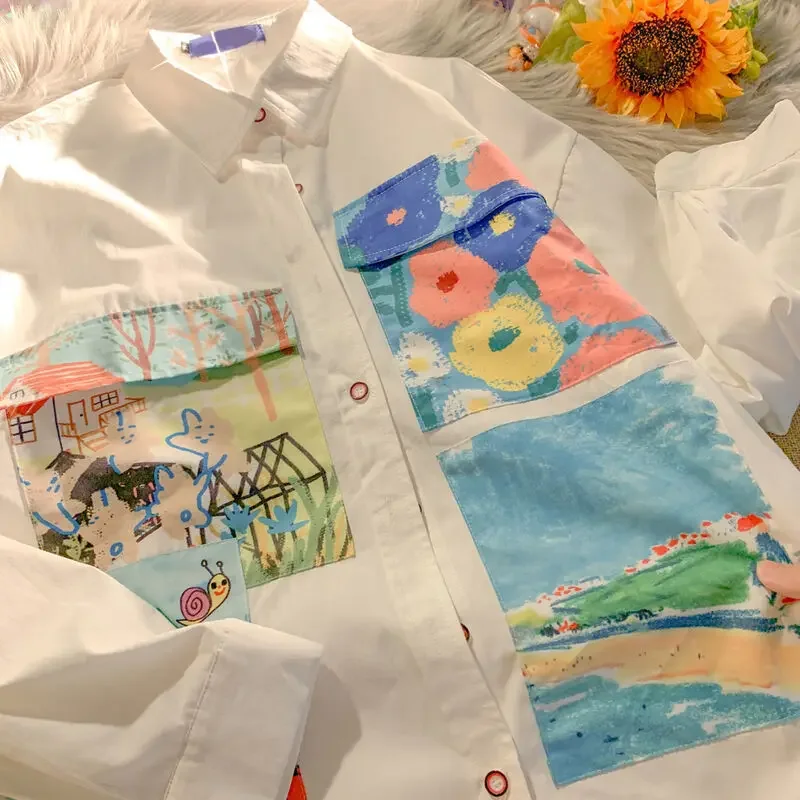 Рубашка женская с принтом масляной живописи тонкая Свободная блузка на