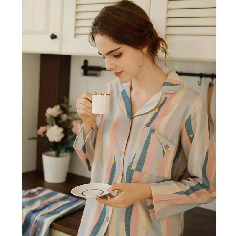 New Spring Sleepwear Suits Vintage Tribute Satin Striped Pajamas Casual Loose Pajama Casual Comfortable Women Home Wear Sets