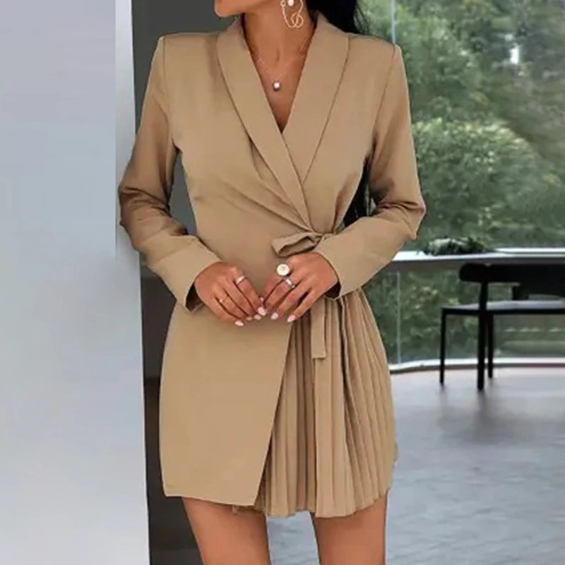 

Elegant V Neck Khaki Auturn Wrapped Dresses For Women 2022 Casual Long Sleeve Pleated Lace Up Office Ladies Mini Dress Vestido