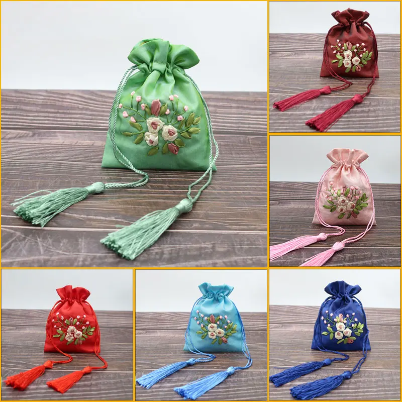 

With Stitched Flower Hand Silk Bags Jewelry Drawstring Sewn Handmade Packing Gift Small Cloth Pouch Pouches Storage Embroidered
