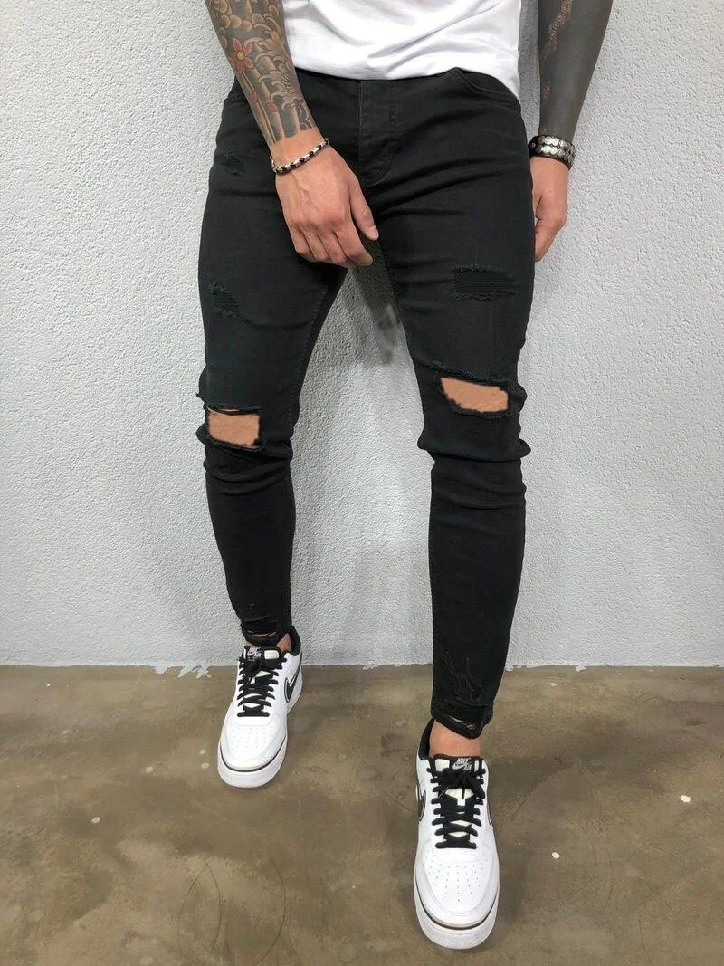 Mens Fashion Jeans Casual Pants for man Slim Fit Hole Ripped Trousers