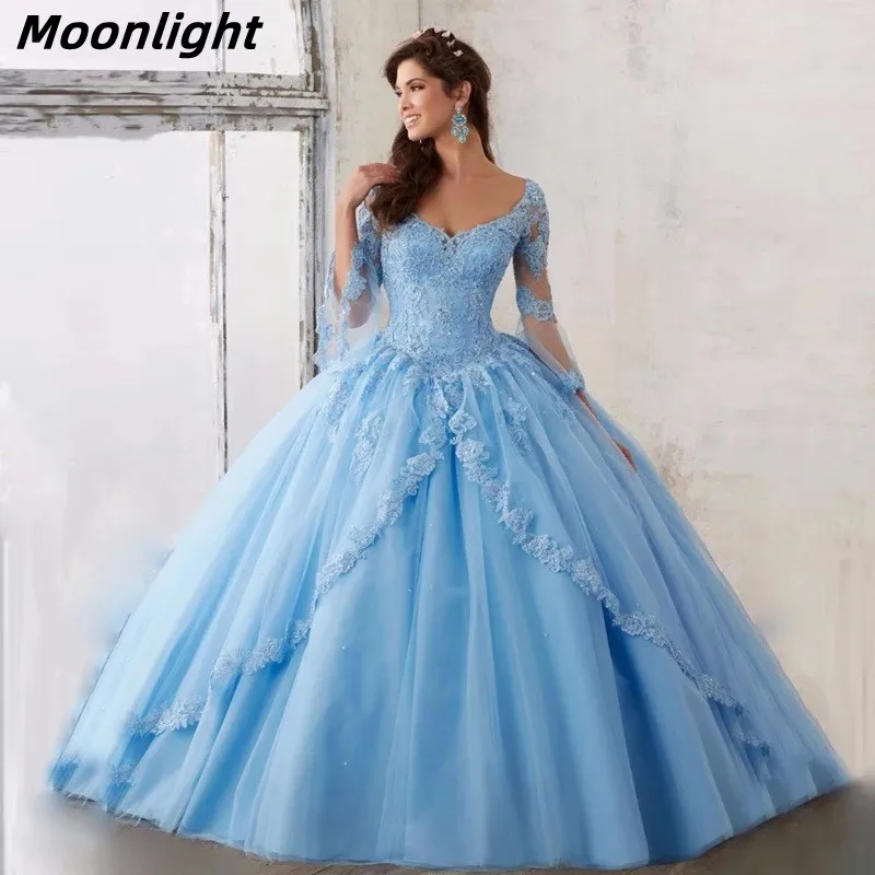 

Moonlight Luxury Long Sleeves Quinceanera Dress 2022 Ball Gown Scoop Party Gown Lace Appliques Sweet 18 Lace Up Real Photos