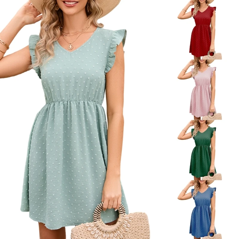 

Женское летнее короткое платье в горошек с V-образным вырезом и рюшами