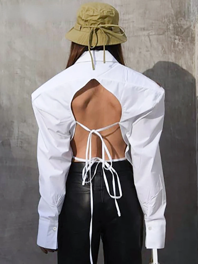 

Женская однотонная блузка с отложным воротником, длинным рукавом и открытой спиной