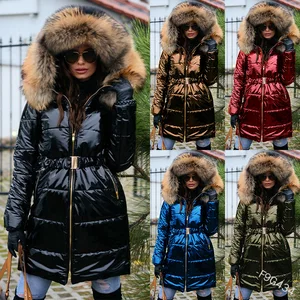 women witner parkas with belt thick long warm outwear coat wool collar hooded shiny jackets with 202