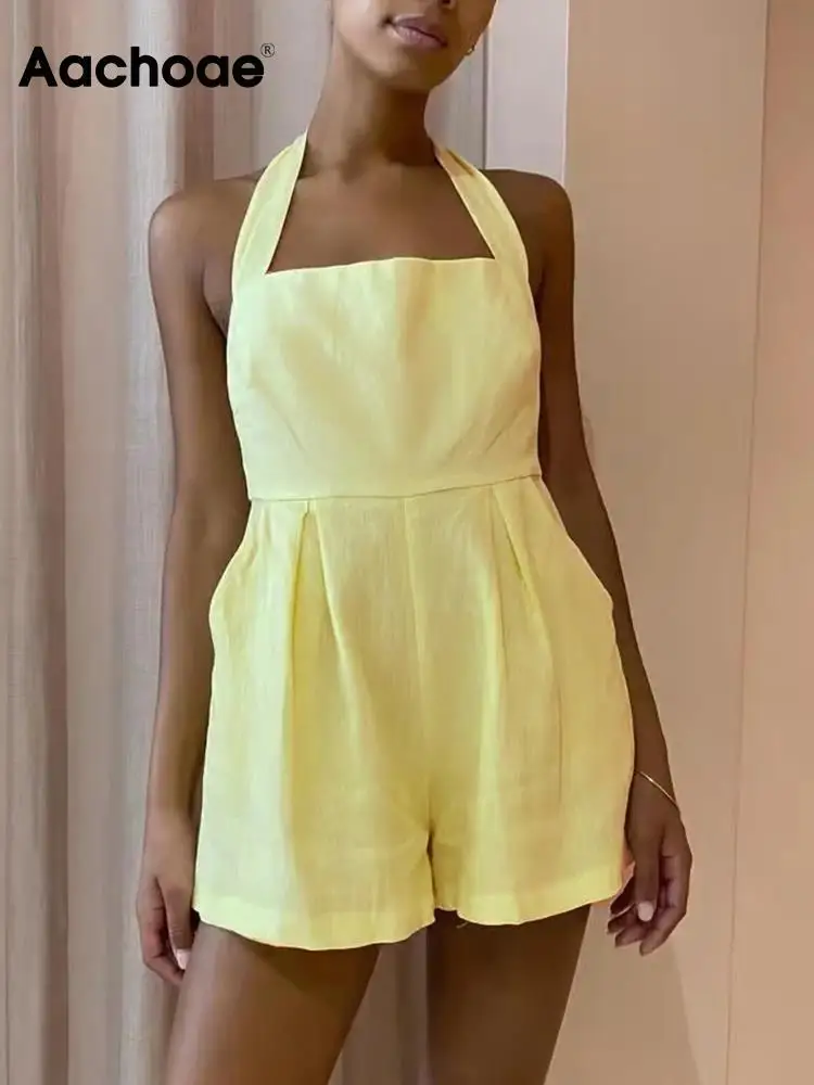 

Aachoae Summer Women Casual Solid Color Rompers Fashion Sleeveless Backless Playsuits Ladies Chic Yellow Rompers