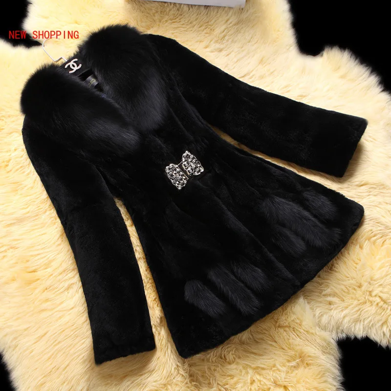Soft Faux Fur Coat Women Slim Waist Diamond Button Plus Size Long Sleeve Turn-down Collar Winter Womens Rabbit Fur Jacket Warm