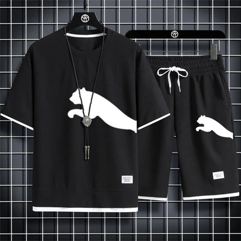 

Новинка 2023, летний мужской спортивный костюм для фитнеса, костюм для бега, костюм для отдыха, футболка + шорты, Быстросохнущий дышащий спортивный костюм из двух предметов