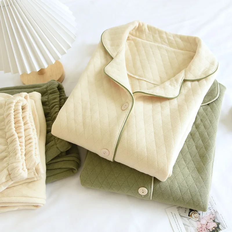Warm Couple Pajamas Three-Layer Quilted Autumn Winter Sleepwear Set Thicken Air Cotton Casual Men's Home Clothes Women Pijamas