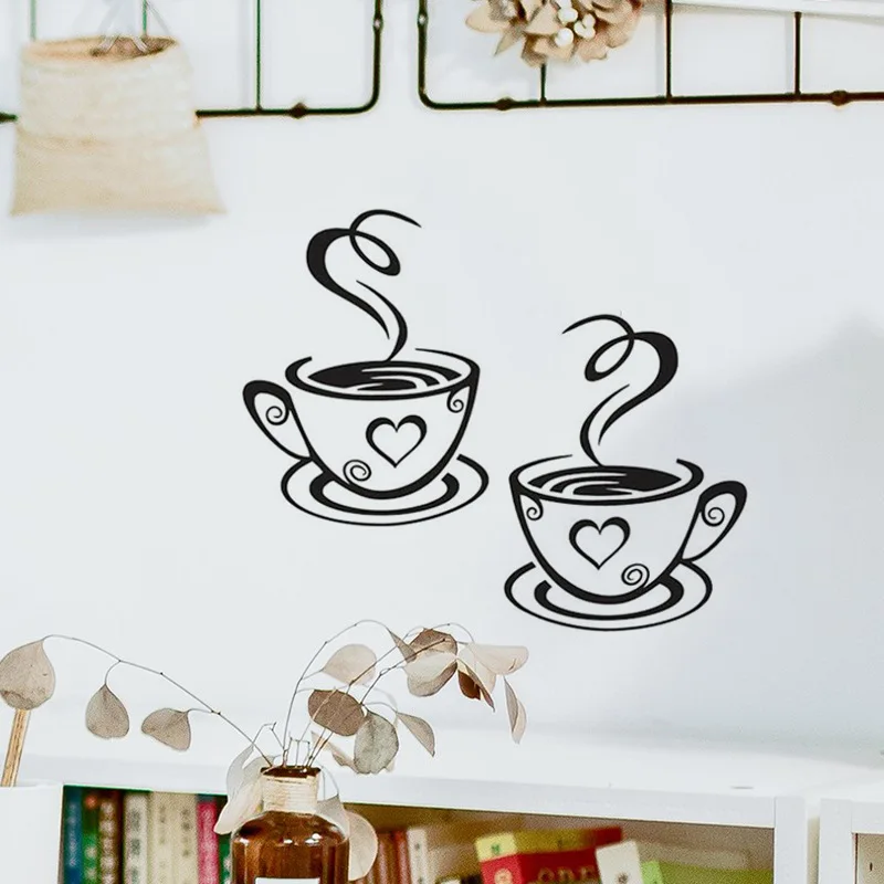 

Two Coffee Cups Kitchen Bar Wall Sticker For Living Room Restaurant Background Art Decals Stickers Wallpaper Home Decoration