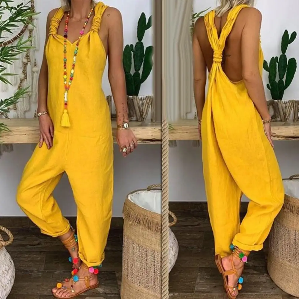 

Sleeveless Jumpsuit Women Dungarees Solid Color Overall Backless Bib Knotted Dungarees