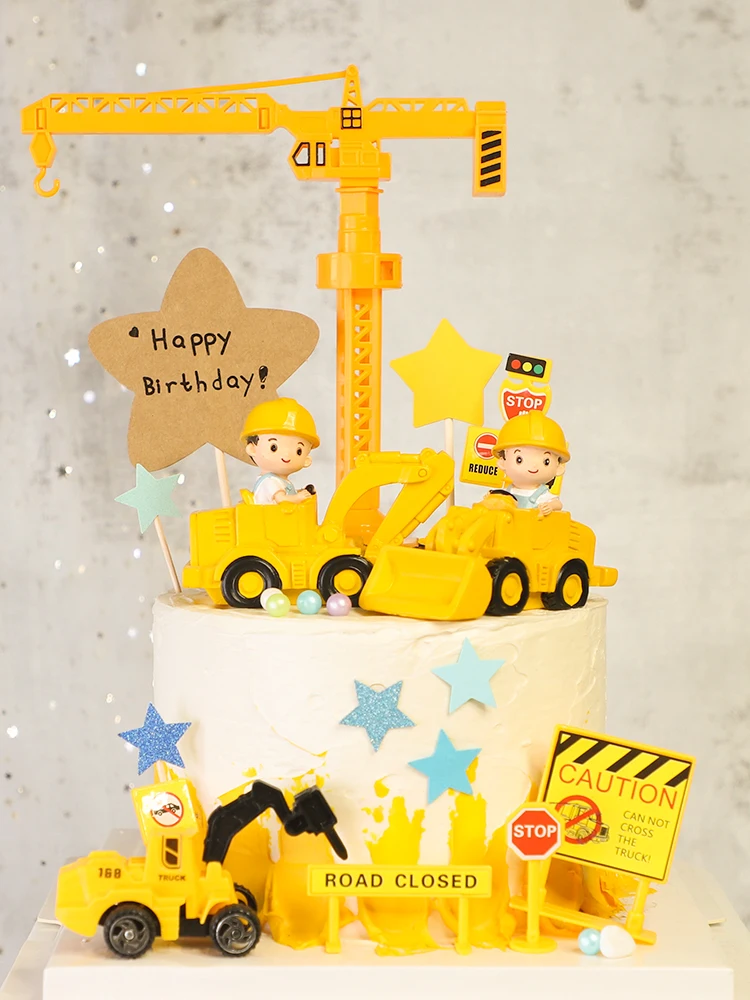 

Engineering vehicle Boy Cake Topper Dulldozer Excavator Hanging tower Street sign Flags Kids Birthday Party Baby Shower Decor
