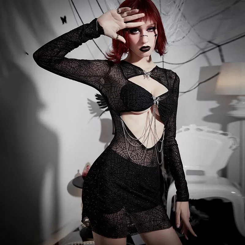 

NEW 2023 Black Long Sleeve Pencil Dresses Women Clothing Halloween Style Spider Web Powder Sexy V Neck Hollow Out Hip Skirt
