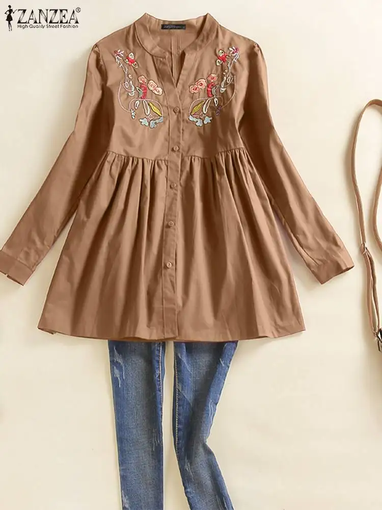 

Women's Embroidery Tops ZANZEA Elegant A Line Blusas 2022 Spring Long Sleeve Blouse Casual Vintage Solid Tunic Oversized Camisas